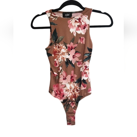 Pink and Brown Floral Bodysuit with Sleeveless Design - Picture 1 of 4